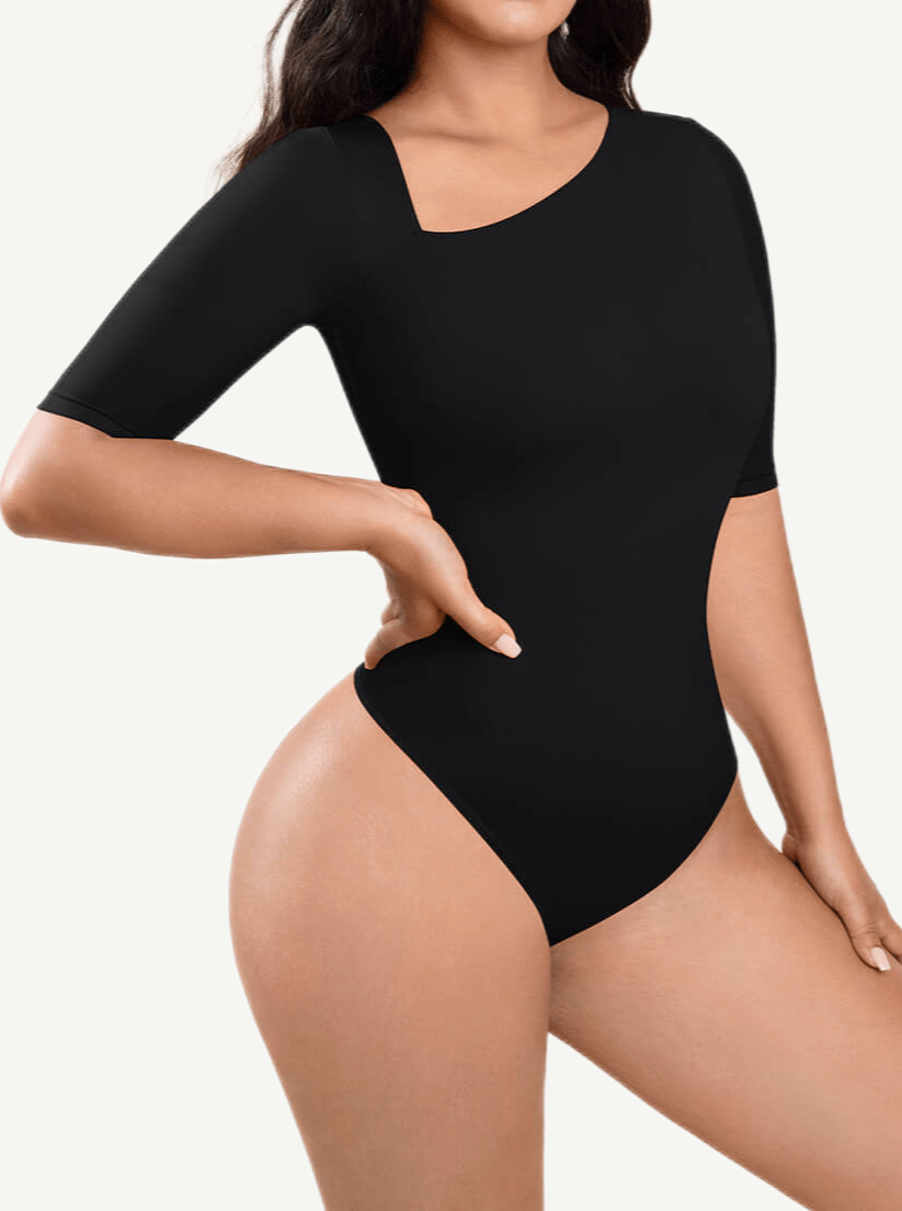 Wholesale Tank Top Tight Thong Bodysuit With A Slant Cut Collar And Half Sleeves