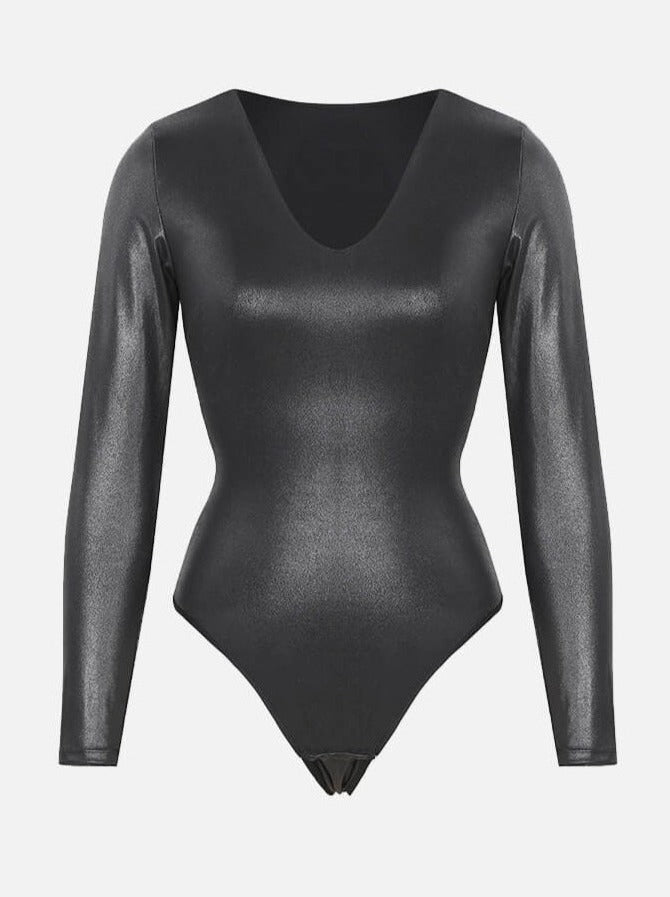 Wholesale High Elastic Faux Leather Deep V-neck Abdomen Tightening Bodysuit