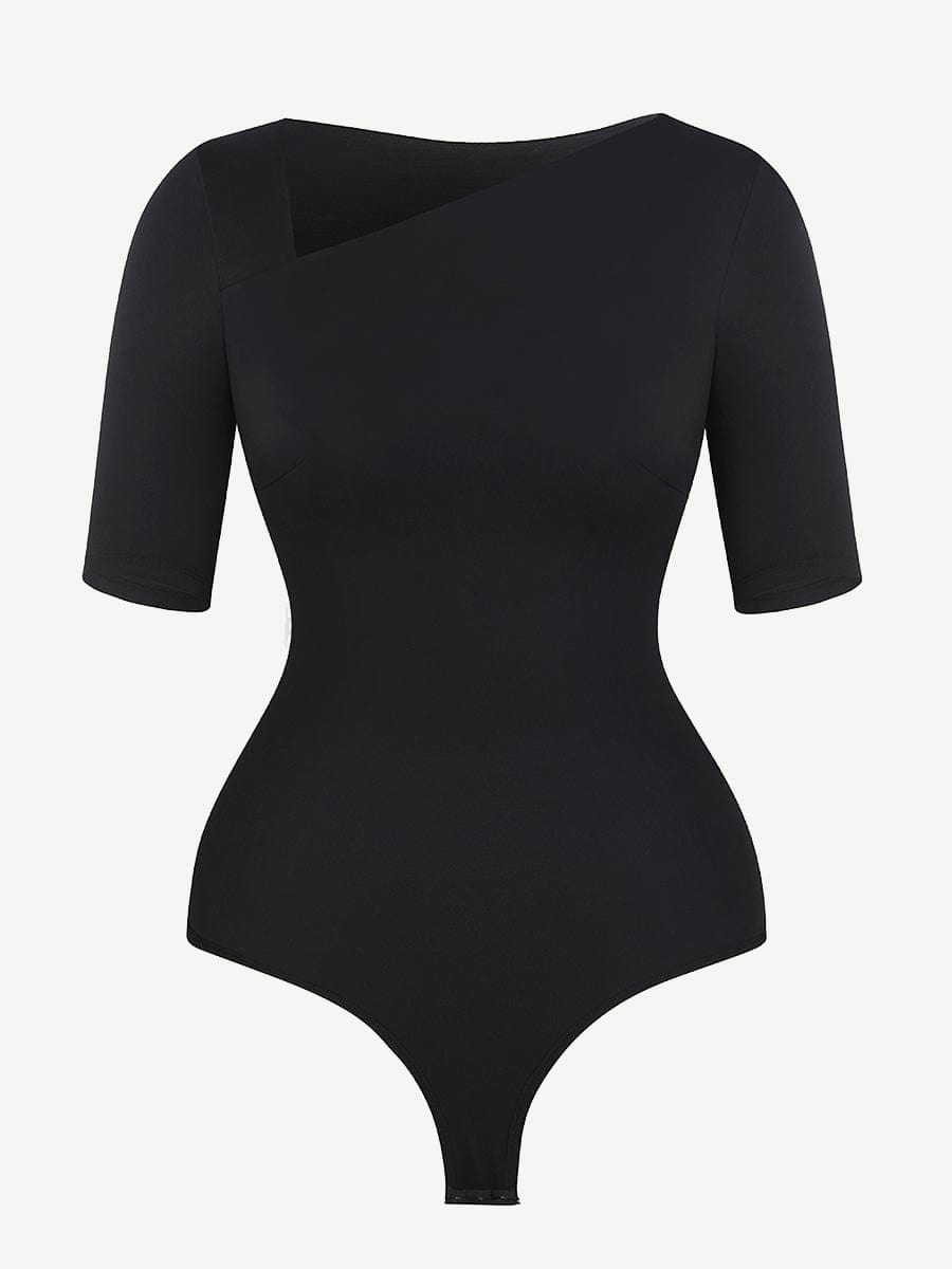 Wholesale Tank Top Tight Thong Bodysuit With A Slant Cut Collar And Half Sleeves